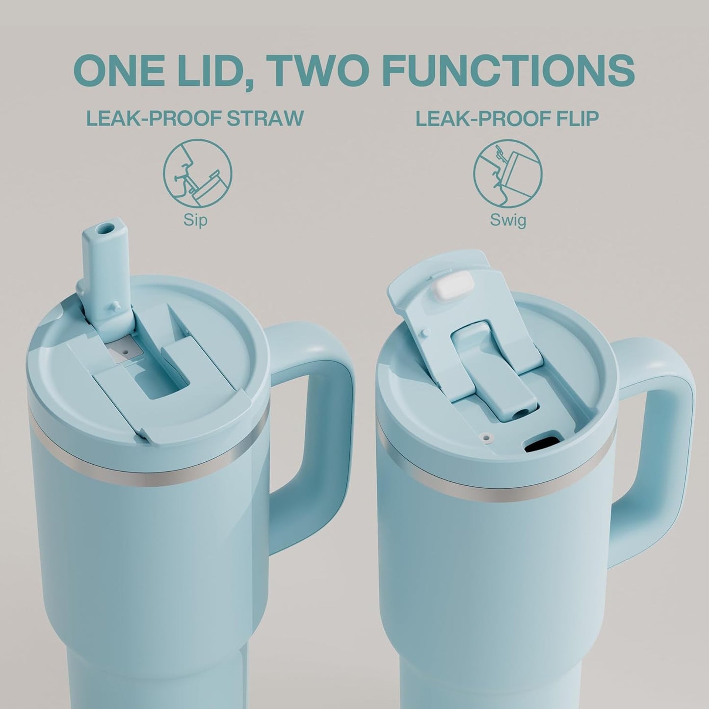 ENCOOL 40 oz Tumbler with Handle and Straw: Stainless Steel Insulated Tumbler Keeps Cold for 24 Hours, Leakproof Travel Cup Fits in Cup Holder and BPA-Free,Pewter Blue