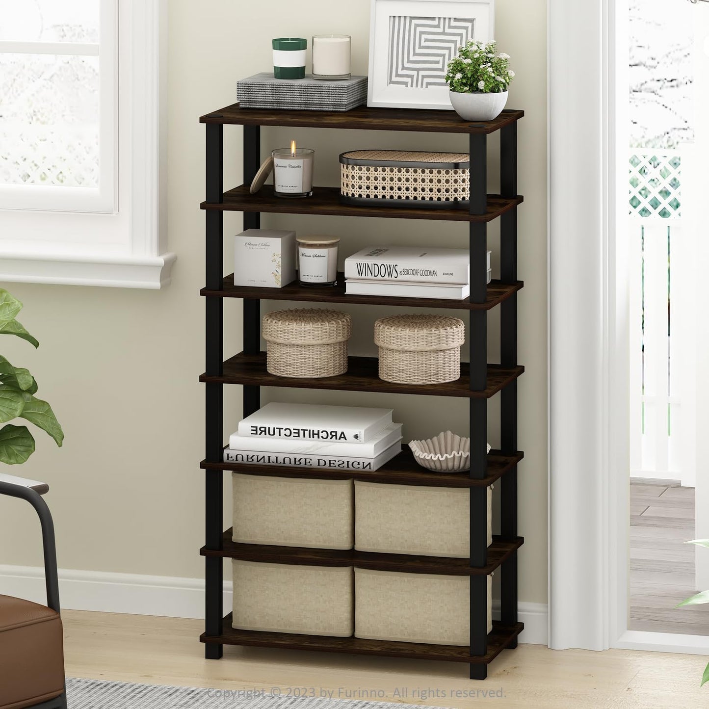 Furinno Turn-N-Tube Storage Shelves Set of 2, 4-Tier Stackable Standing Shelf, Open Corner Shelf, for Organization and Storage, Living Room, Garage, Home Office, Amber Pine