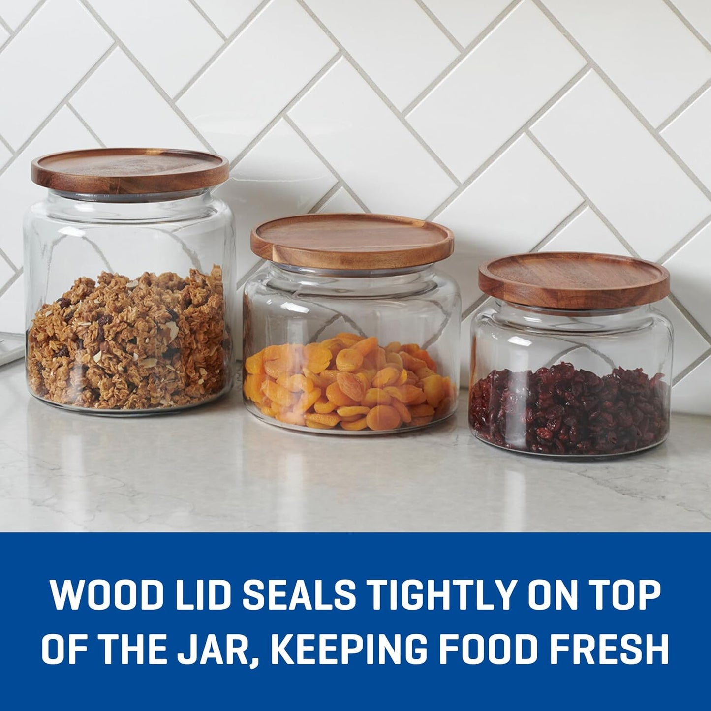 Anchor Hocking Coastal Blue Montana Jar set with lids (2-piece, 96-ounces, acacia wood lid)