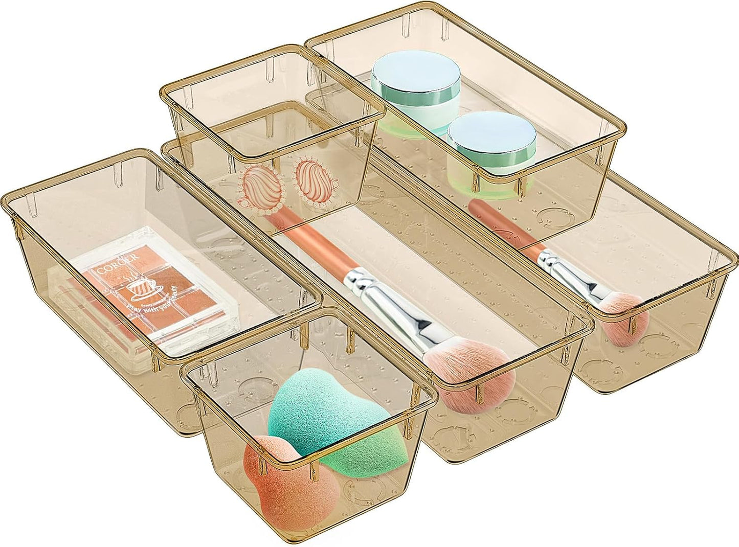 WOWBOX 6 Pack Clear Drawer Organizer Set, Acrylic Drawer Storage Trays, Storage Bins for Makeup, Cosmetics, Jewelries, Utensils, Gadgets, Office, Champagne
