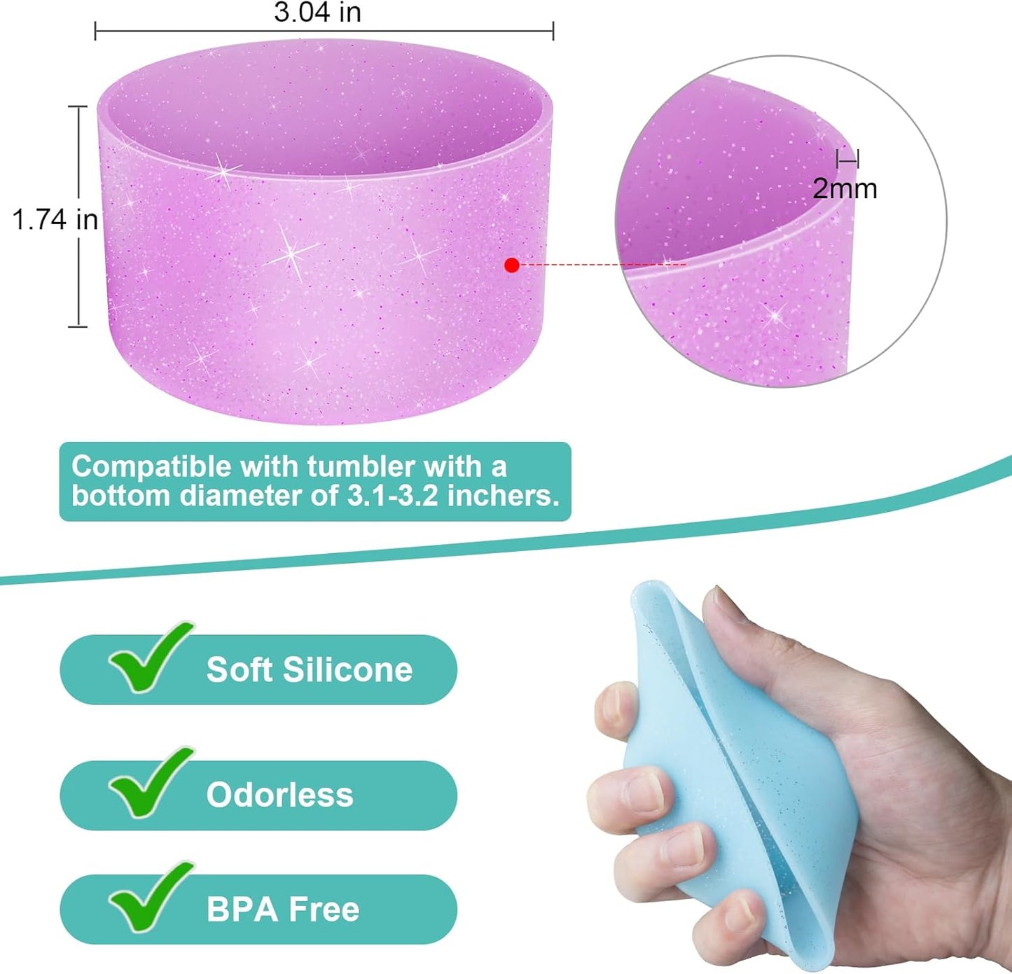 Upgrade 2PCS Protective Silicone Boot Bumper for Stanley Quencher Adventure 40oz 30oz IceFlow 20oz 30oz Tumbler, Water Bottle Bottom Sleeve Cover Accessories for Stanley Mug Cup(Glitter Purple)