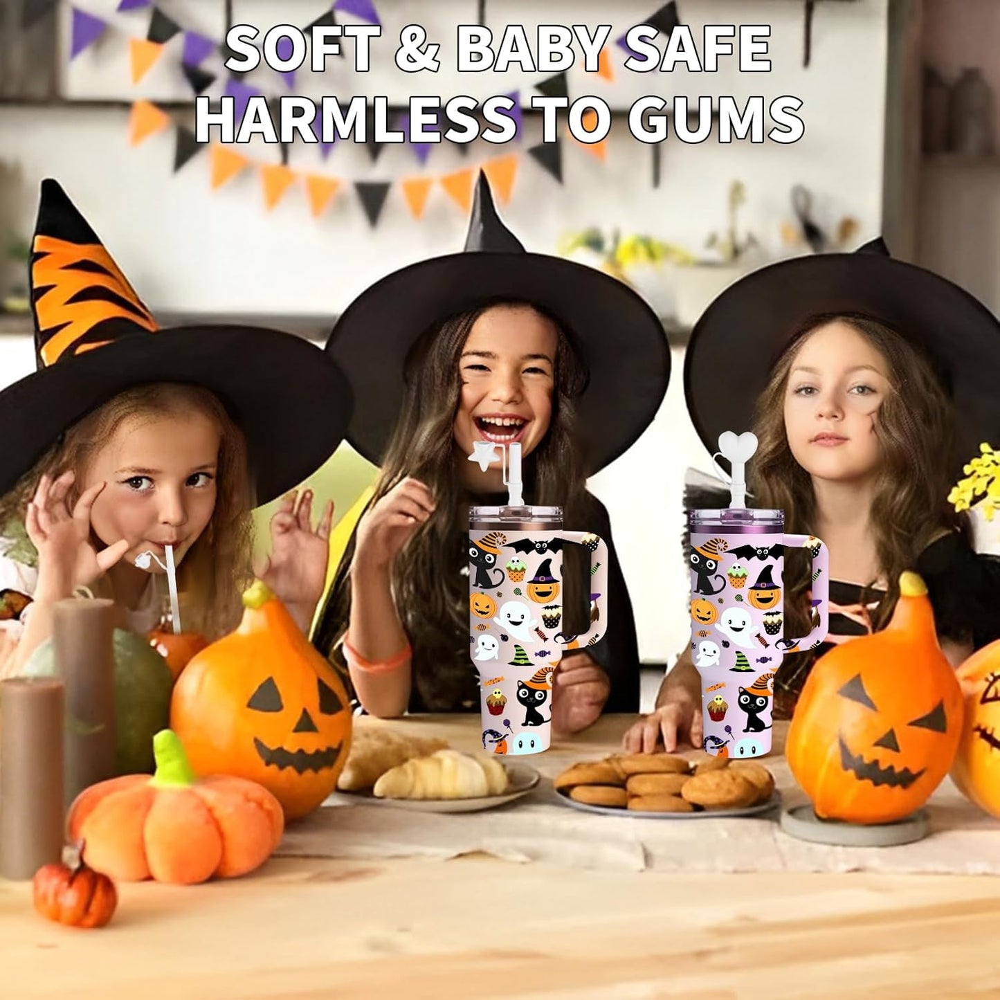 Halloween Party Favors 2025, Doboli Replacement 12 Inch Long Silicone Straw With Cover, Compatible with Stanley Owala 40 oz 30 oz Cup Tumbler, Funny 6 Pack Reusable Straw with Cleaning Brush