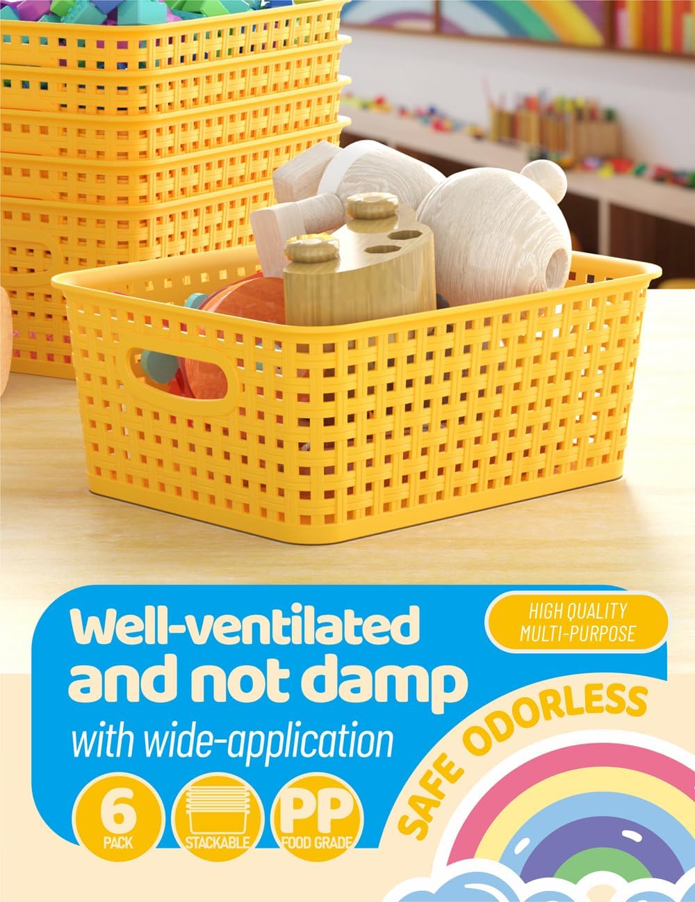 WYT 6-Pack Plastic Small Shelf Storage Weave Baskets Organizing for Cabinets and Pantries, Yellow