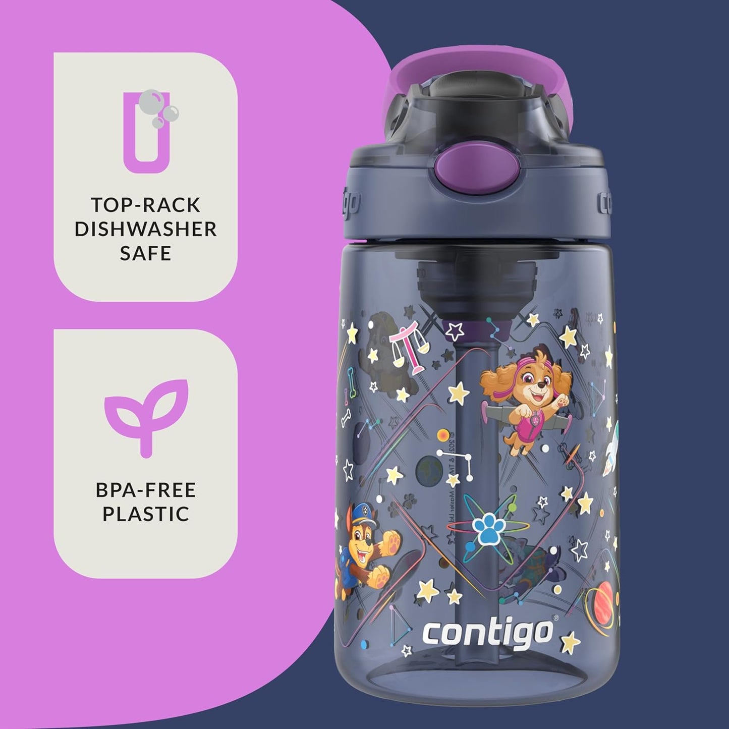 Contigo Aubrey Paw Patrol Leak-Proof Spill-Proof Water Bottle with Autospout, 14oz, Paw Patrol Space Zodiac, Purple