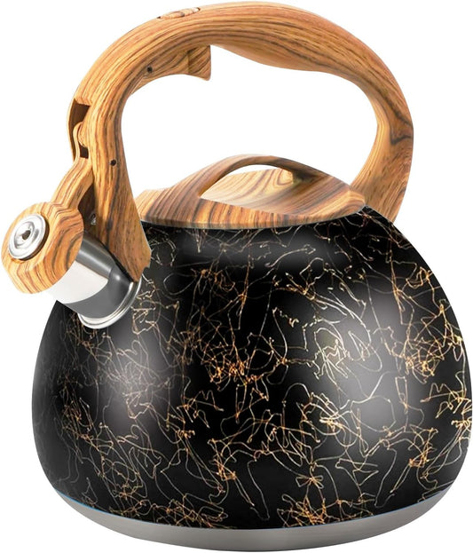 3.2Qt Whistling Tea Kettle for Stove Top, Food Grade Stainless Steel Wood Handle Teapot, Durable for Brewing Coffee, Tea, Milk, Suitable for All Heat Sources (Golden line)