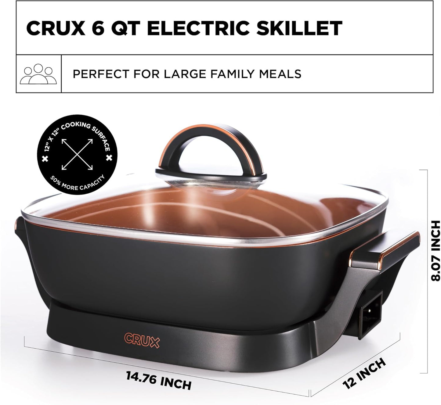 Crux Extra Deep Nonstick Scratch Resistant Electric Skillet with Removeable Temperature Probe, 12" x 12", silver (14620)