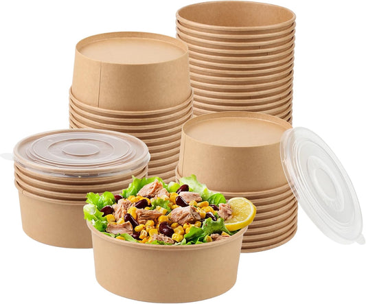 36oz 50 Sets Large Kraft Paper Bowls with Lids, Disposable Bowls with Lids, Paper Salad Bowls, Paper Food Container with Lid Perfect for Hot/Cold Food, Soup, Salad, Ice Cream