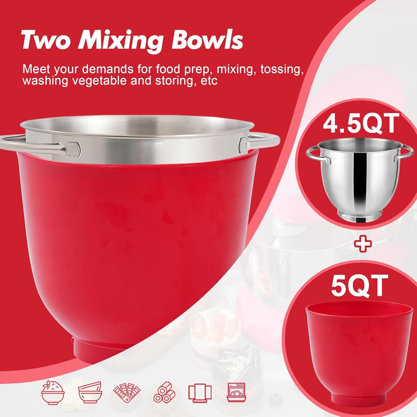 Kitchen in the box Stand Mixer, 4.5QT+5QT Two bowls Electric Food Mixer, 10 Speeds 3-IN-1 Kitchen Mixer for Daily Use with Egg Whisk,Dough Hook,Flat Beater (Matte Red, 5QT)