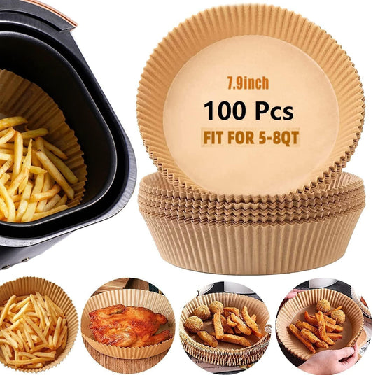 100pcs Air Fryer Disposable 7.9" Round Paper Liner - Fit 5-8qt | Non-Stick Reusable Waterproof Oil Grease Proof Food Grade Nature-Friendly Parchment Baking Paper
