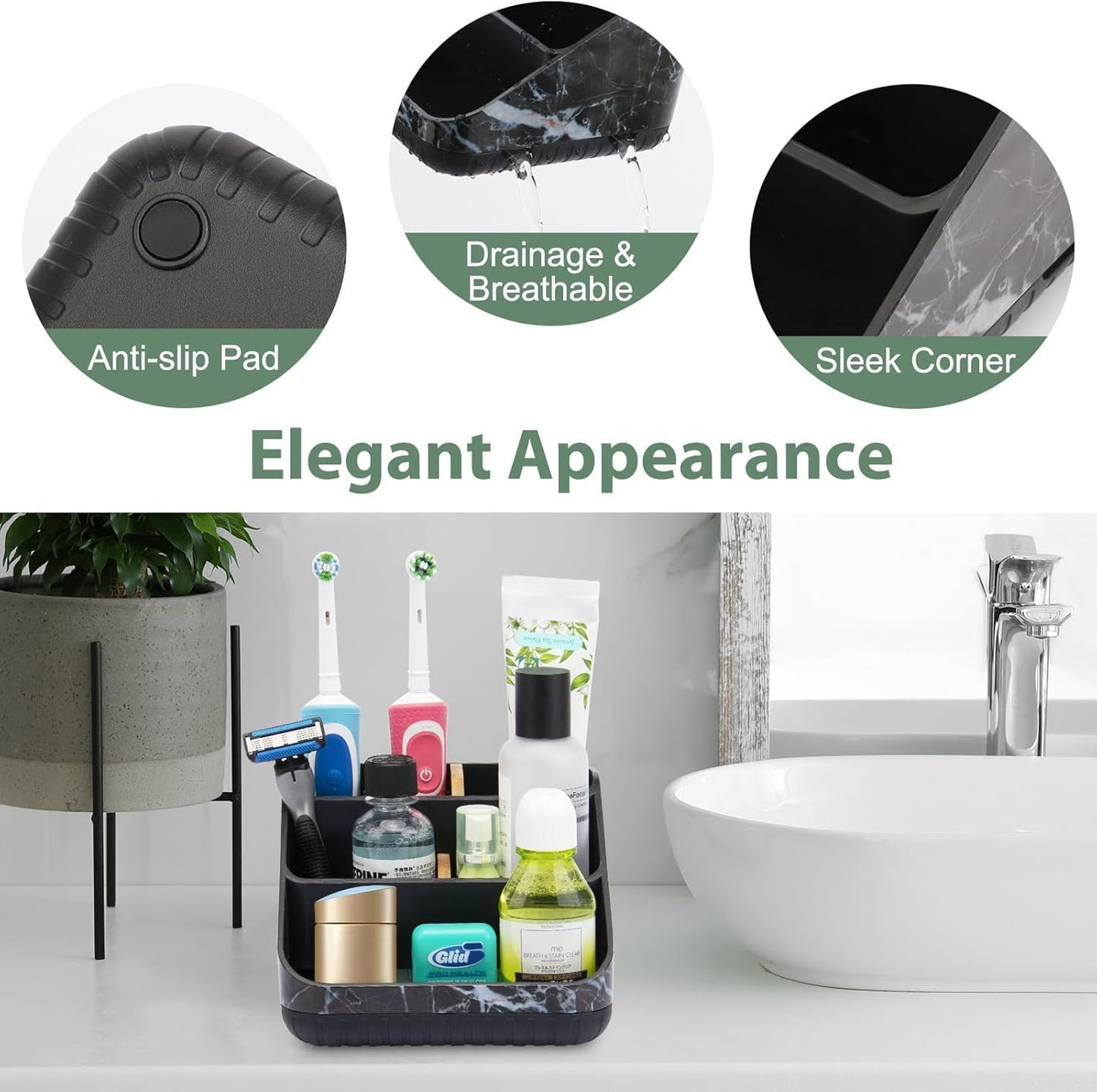 Chintu Toothbrush Holders for Bathroom Counter Organizer - 6 Slots Tooth Brushing Holder for Family Kids, Electric Toothbrush and Toothpaste Holder for Vanity Countertop Storage Black Marble