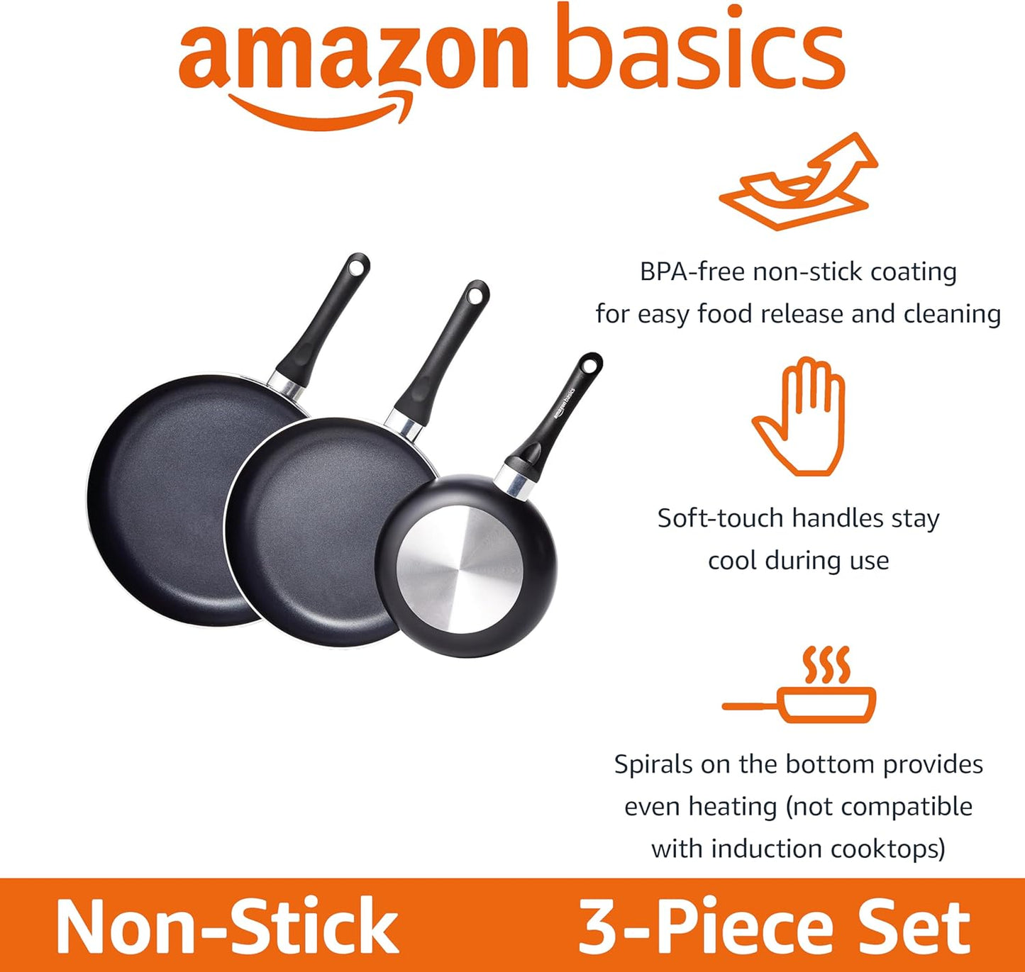 Amazon Basics Non Stick 3-Piece Kitchen Cookware Set, Includes 8-inch, 10-inch, 12-inch Pan, Black