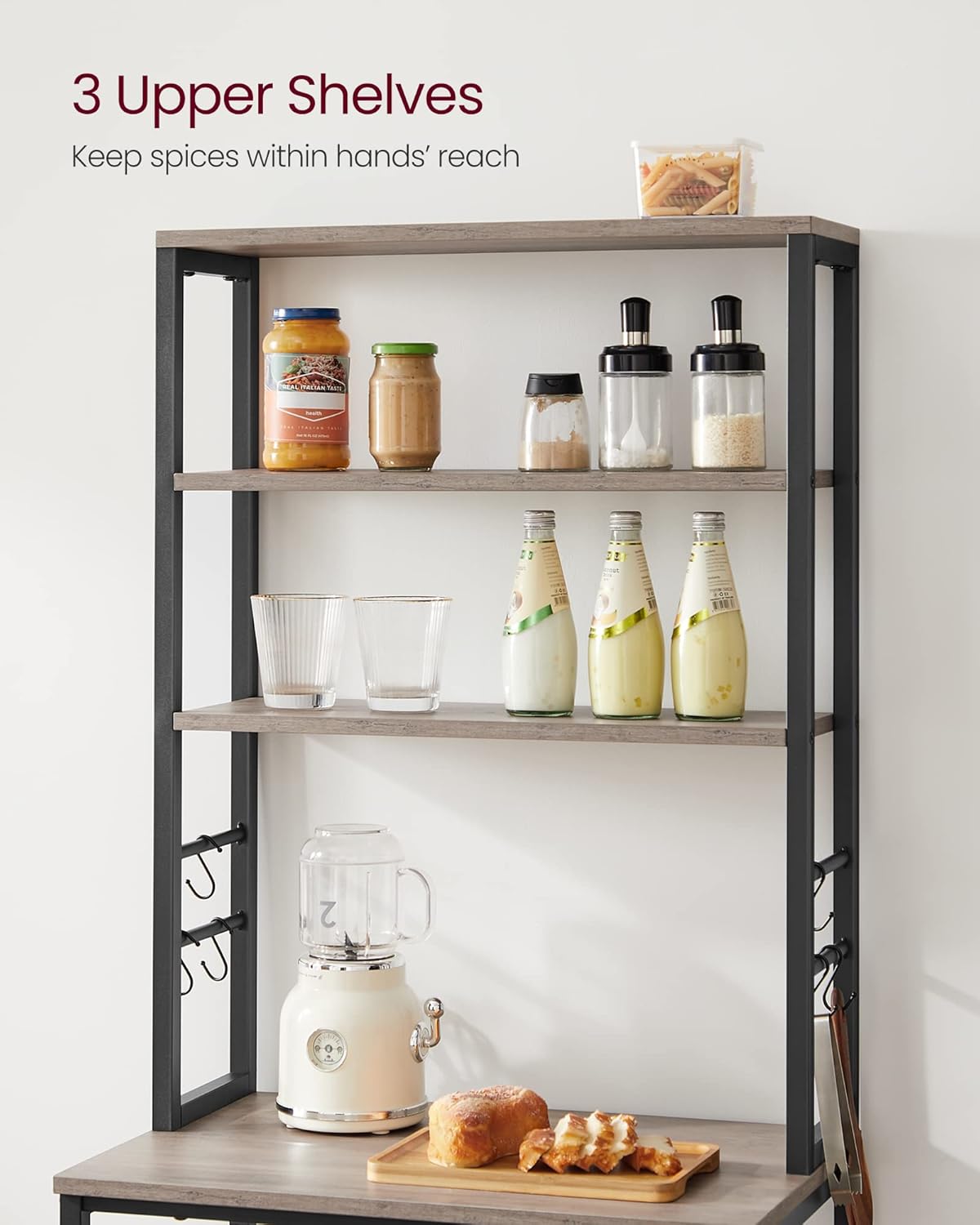VASAGLE Coffee Bar, Baker’s Rack for Kitchen with Storage, 6-Tier Kitchen Shelves with 6 Hooks, Microwave Stand, Industrial, 15.7 x 23.6 x 65.7 Inches, Greige and Black UKKS024B02