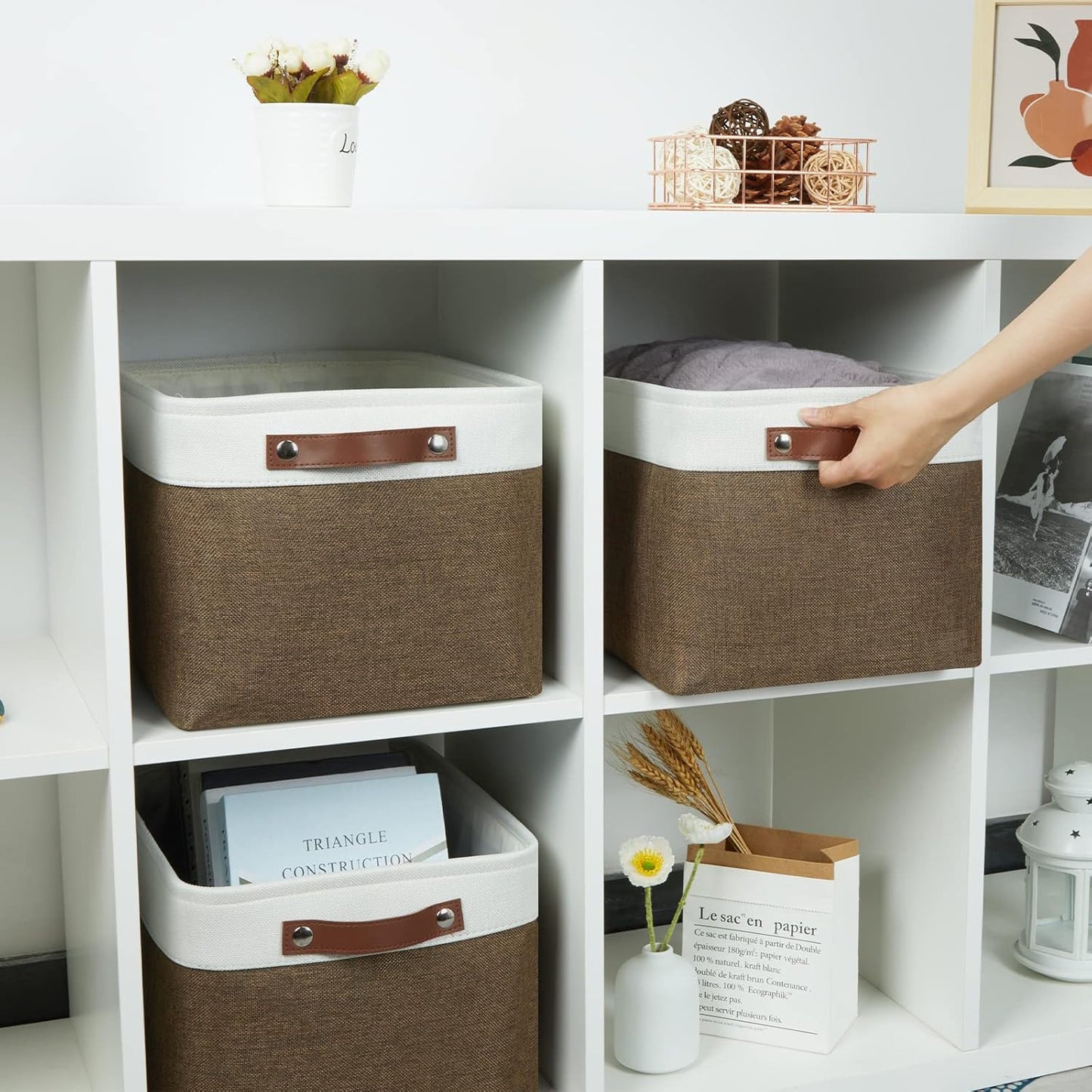 HNZIGE Fabric Storage Baskets (3 Pack) - Decorative Foldable Shelf Baskets with Leather Handles for Organizing Clothes (Brown & White, 15" x 11" x 9.5")