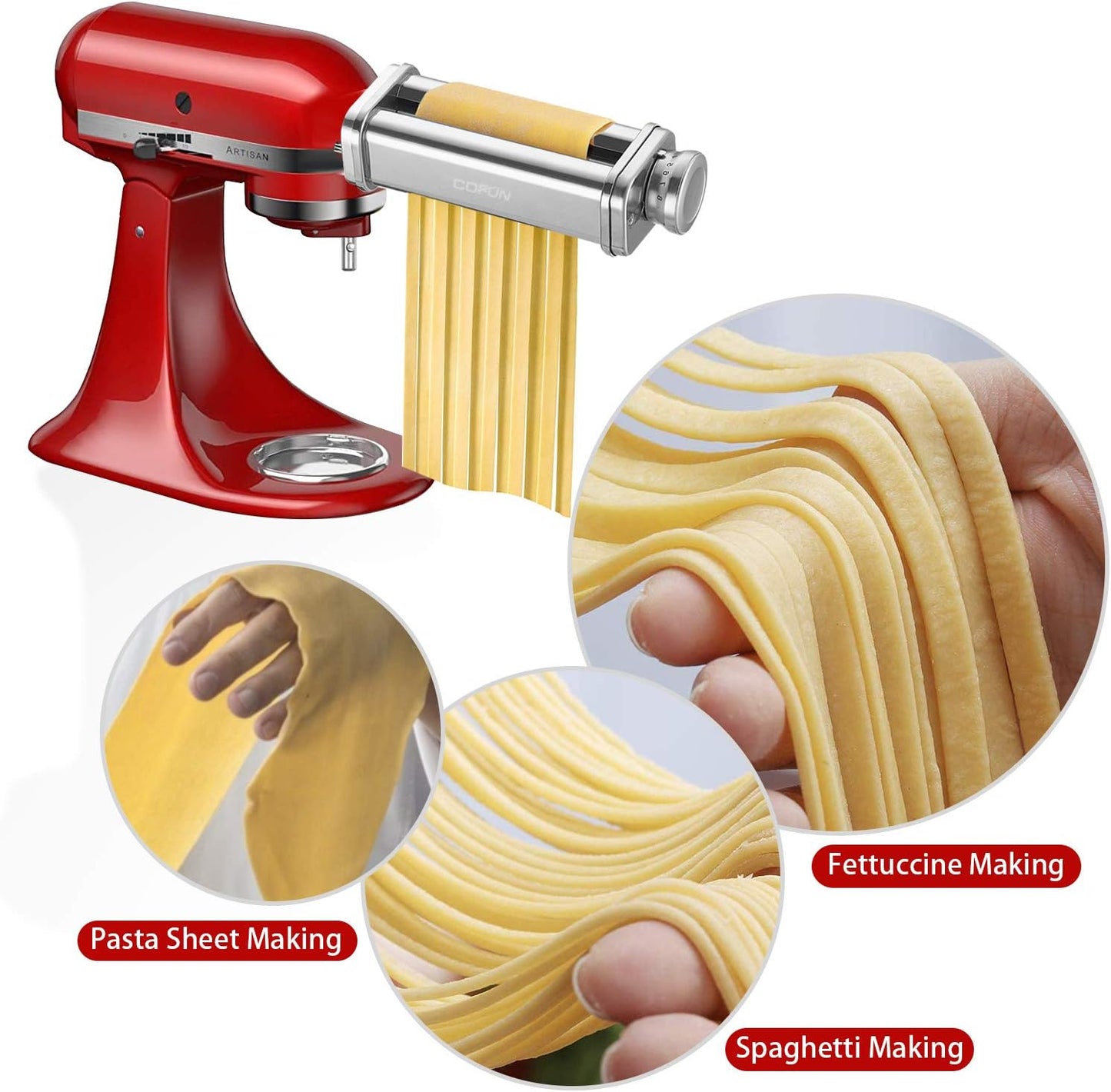Pasta Attachment for KitchenAid Stand Mixer, 3 Piece Pasta Making Kit Including Pasta Roller, Cutter for Authentic Spaghetti and Fettuccine Sheets, Durable Noodle Accessories by Cofun