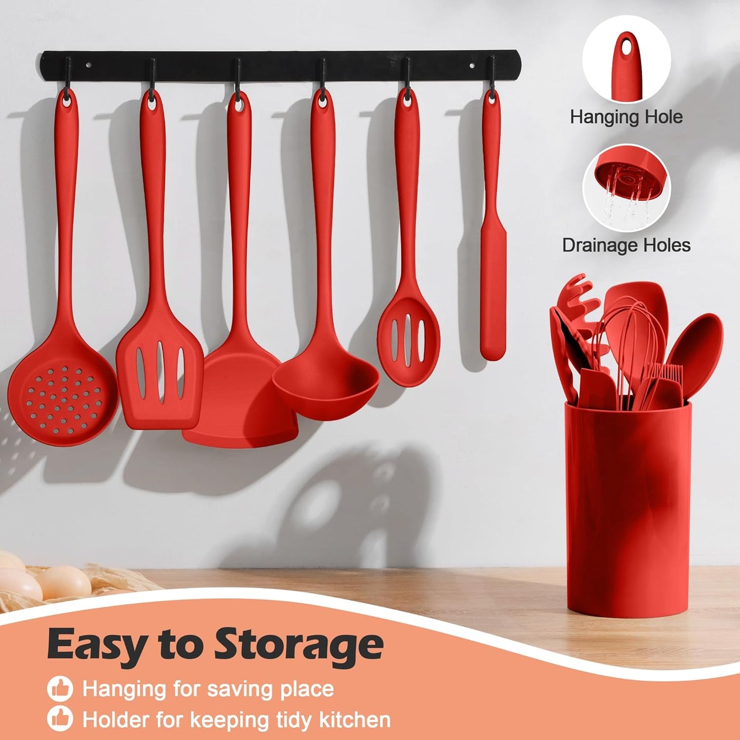Kitchen Cooking Utensils Set with Holder, Homikit 15-Piece Silicone Spatula Set for Nonstick Cookware, 446°F Heat Resistant Spoon Turner Tong Whisk Brush for Cooking and Baking-Red