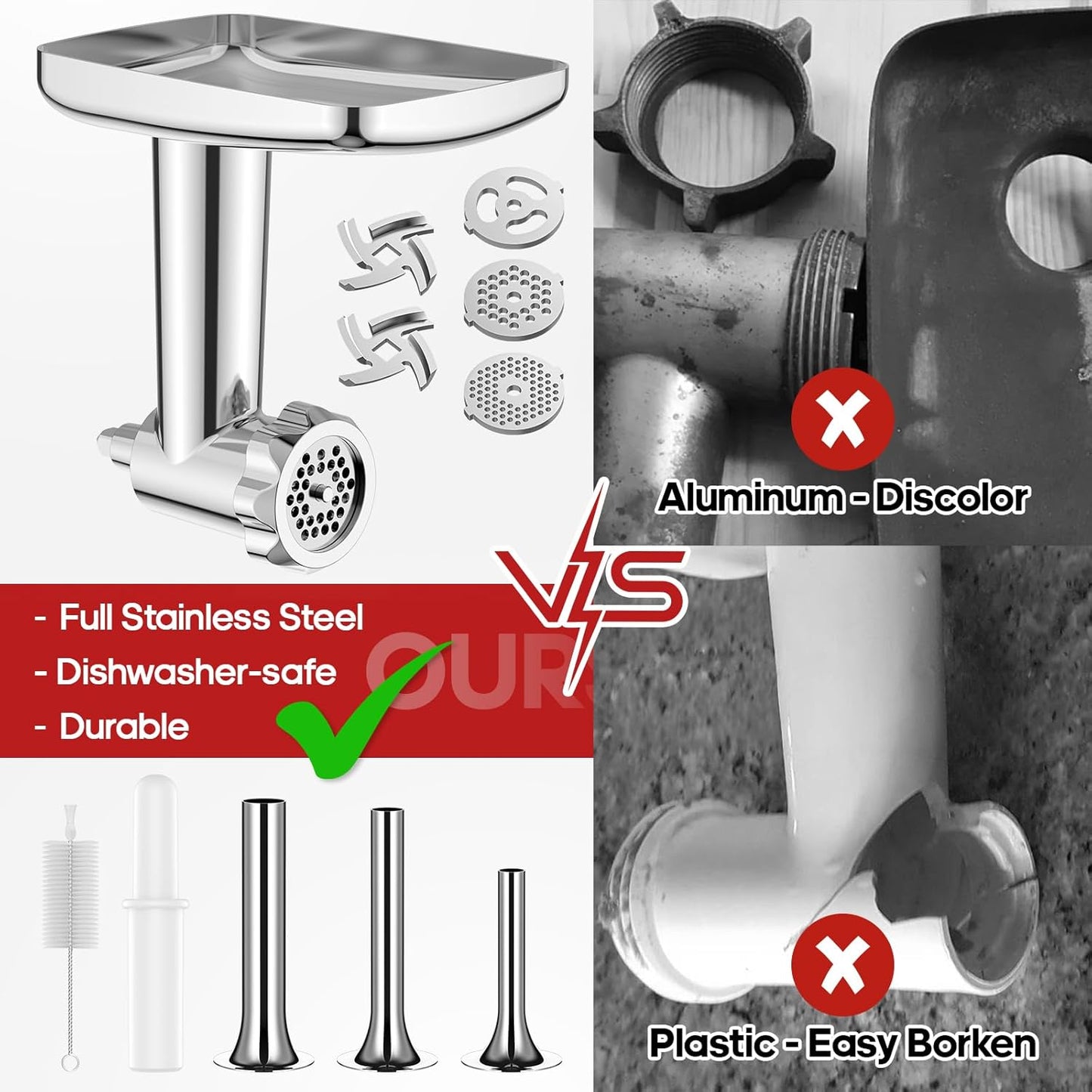 GVODE Stainless Steel Meat Grinder Attachment for KitchenAid Stand Mixer, Meat Grinder for KitchenAid Includes 4 Grinding Plates & 3 Sausage Tubes, Dishwasher-Safe Design with Sausage Stuffer Kit