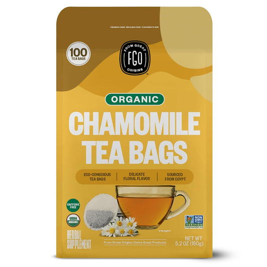 FGO Organic Chamomile Tea, 100 Eco-Conscious Tea Bags, Caffeine Free, Resealable Bag, Packaging May Vary (Pack of 1)