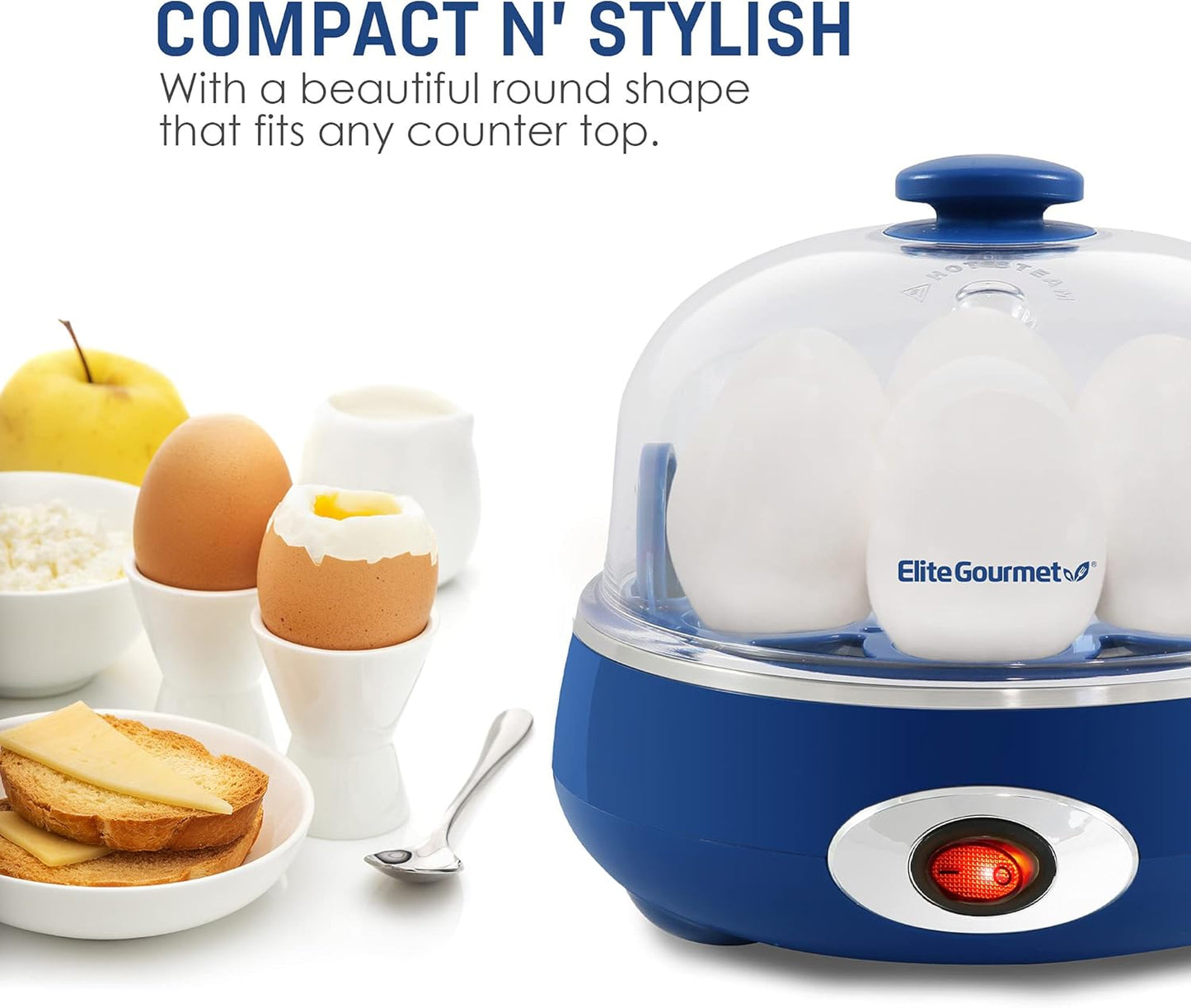 Elite Gourmet EGC007CBL# Rapid Egg Cooker, 7 Easy-To-Peel, Hard, Medium, Soft Boiled Eggs, Poacher, Omelet Maker, Auto Shut-Off, Alarm, 16-Recipe Booklet, BPA-Free, Cobalt