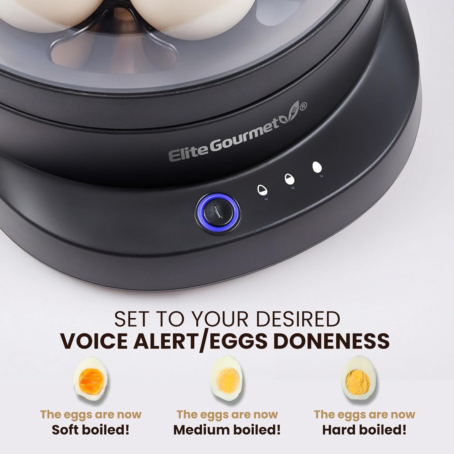 Elite Gourmet EGC587 EGGSYNC™ Voice Alerts Easy Egg Cooker, 7-Egg Capacity, Soft, Medium, Hard-Boiled Settings, Measuring Cup with Piercing Pin, Auto Shut-Off, BPA-Free
