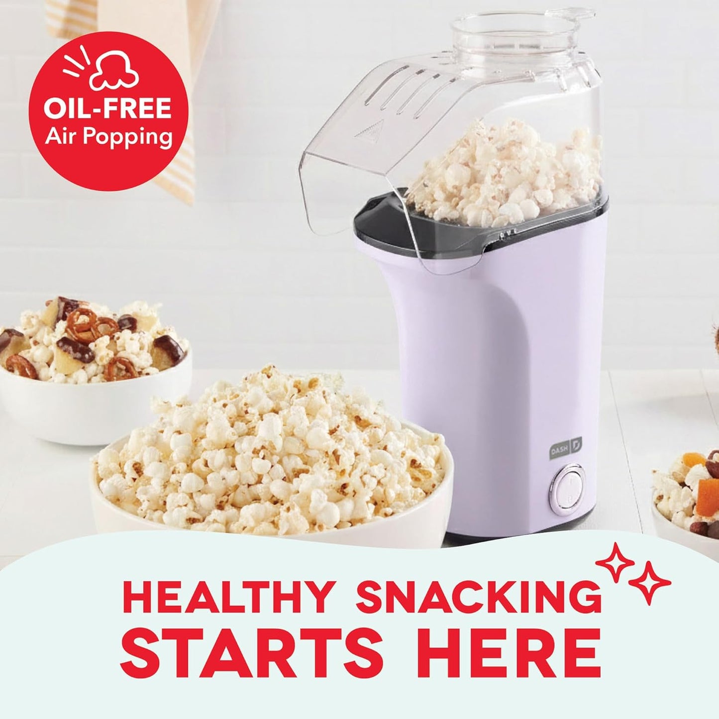 DASH Hot Air Popcorn Popper Maker with Measuring Cup to Portion Popping Corn Kernels + Melt Butter, 16 Cups - Lavender