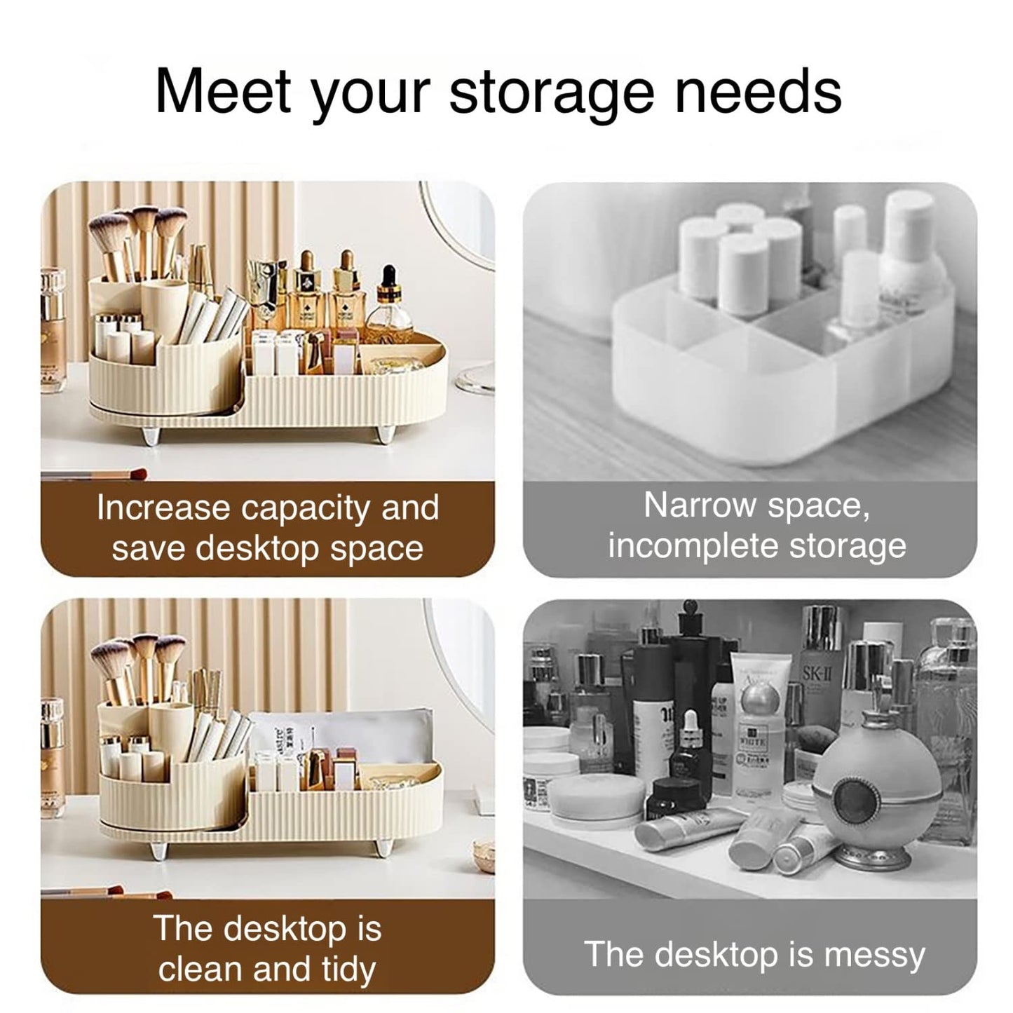 Rotating makeup organizer,Large Capacity Cosmetic Display Case, easy to hold all of your makeup products, at least 20 makeup brushes/eyeliner,10 lipsticks,8 skincare products(Ivory)