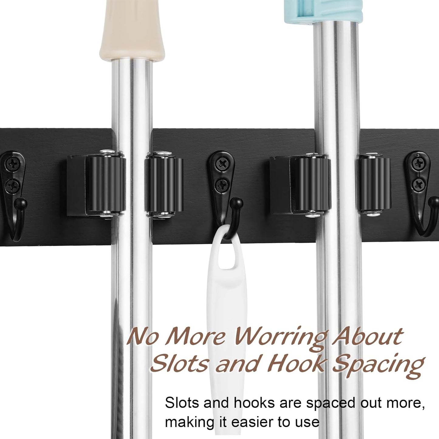 Mop and Broom Holder Wall Mount - Black Broom Mop Hanger - Wall Mounted Garden Tool Rack Organizer for Closet Garage Laundry Room Kitchen Decor With 5 Slots & 4 Hooks