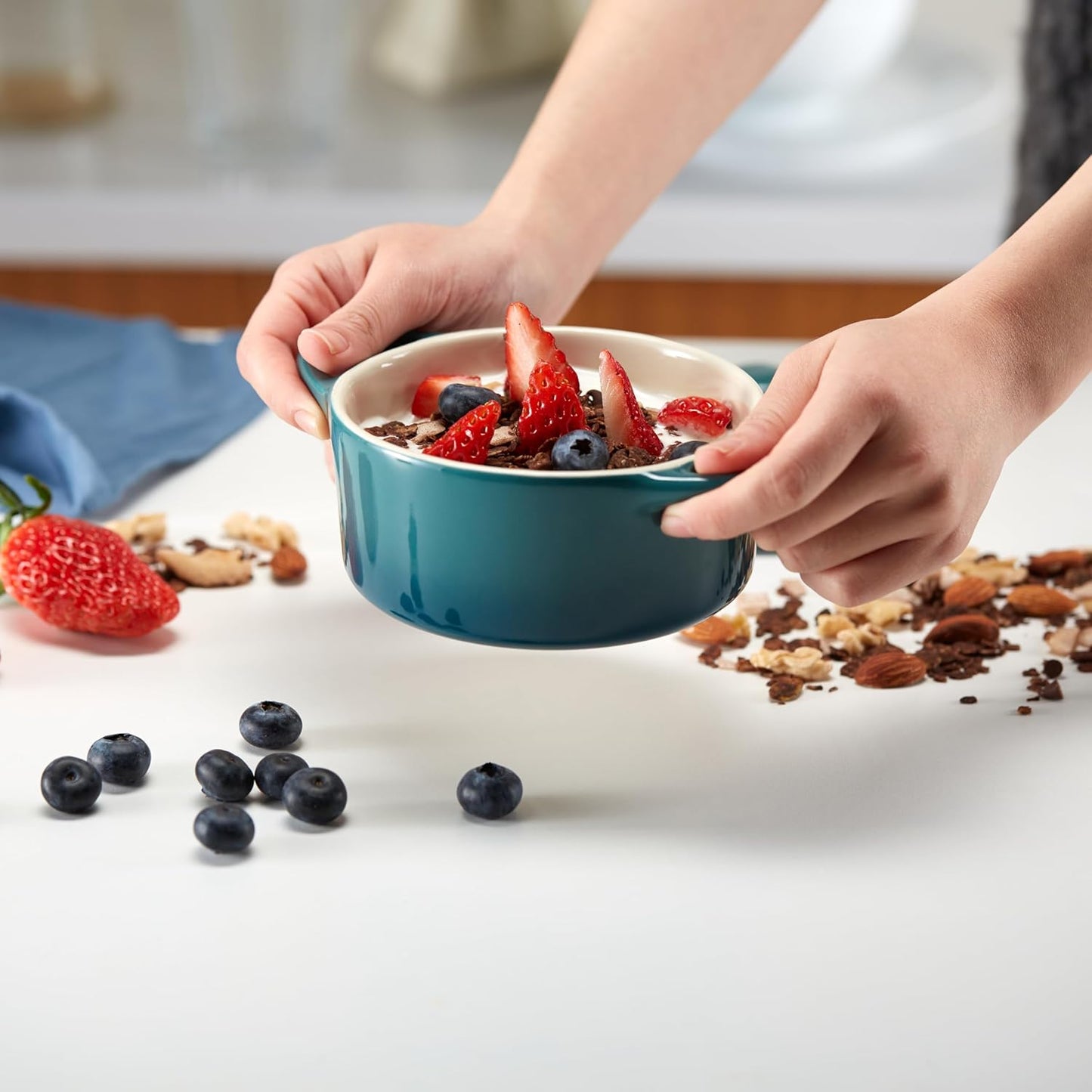 Kook Ceramic Mini Cocotte Set, Small Casserole Dishes with Lids and Handles, Individual Baking Ramekins, Oven, Microwave & Dishwasher Safe, Stoneware, 12 oz, Set of 4 (Aqua Ombre)