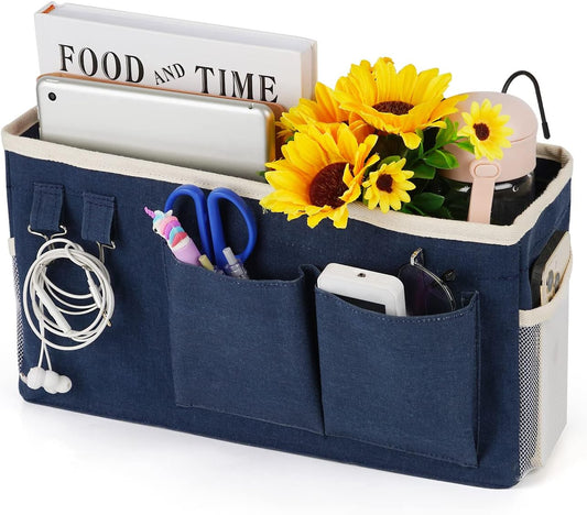 Loghot Bedside Caddy/Bedside Storage Bag Hanging Organizer for Bunk and Hospital Beds,Dorm Rooms Bed Rails,Can be Placed Glasses,Books,Mobile Phones,Keys (Navy Blue)