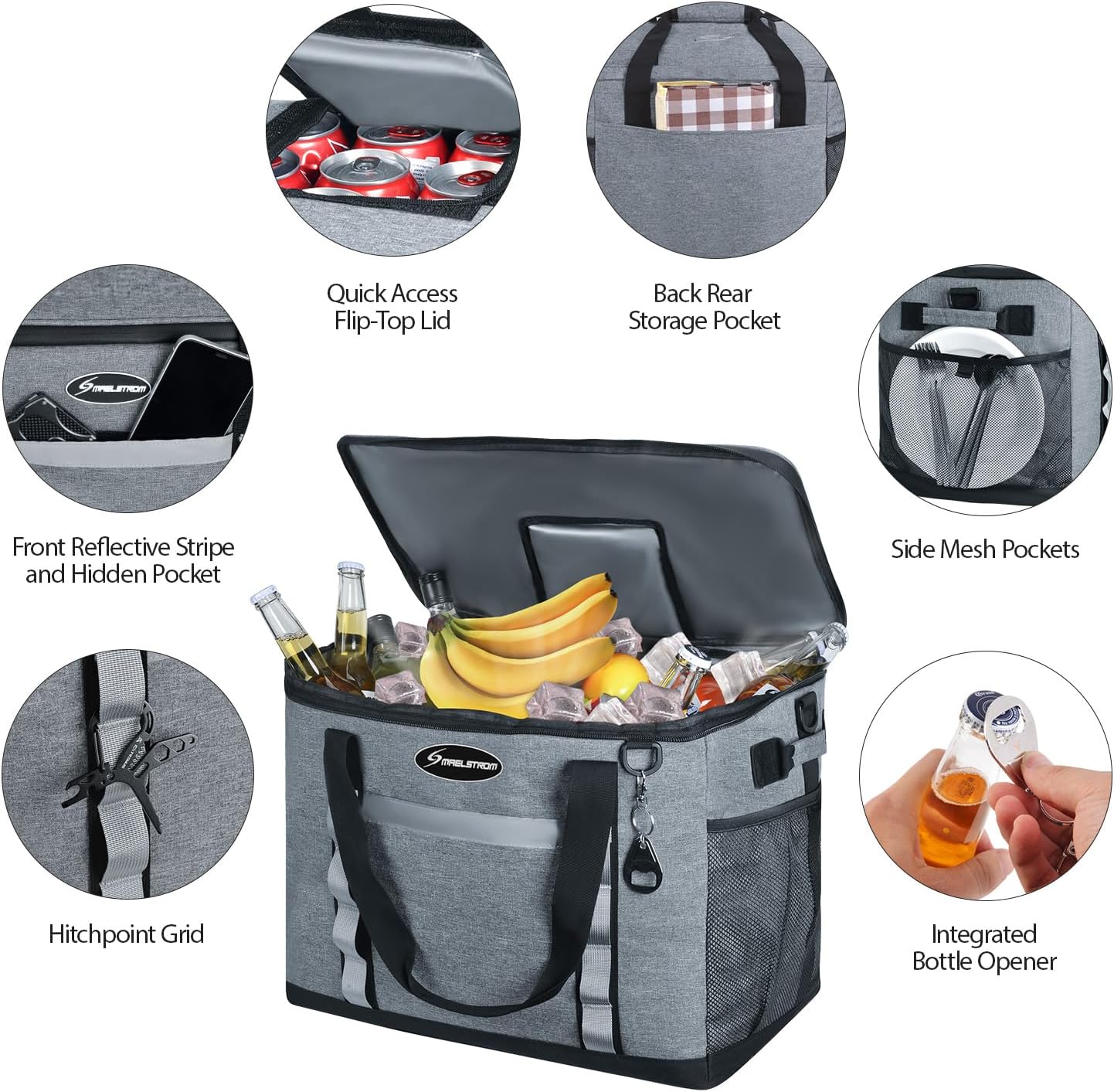 Maelstrom Collapsible Soft Cooler Bag, 24/30/60/75 Cans Beach Cooler, Ice Chest, Leakproof & Portable for Beach, Camping, Road Trips & Grocery Shopping