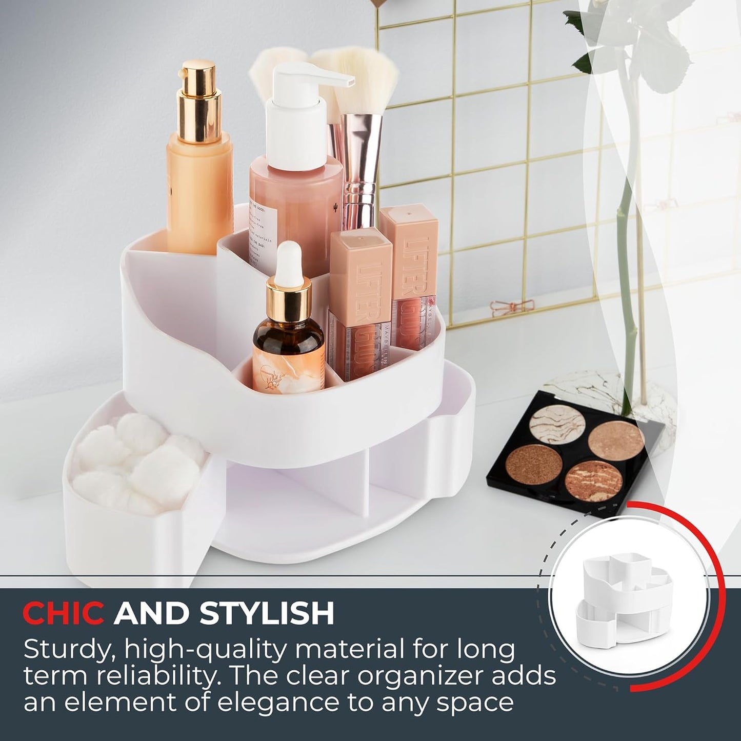 Masirs Small Rotating Makeup Organizer - Mini Yet Spacious Cosmetic Storage Solution with Multiple Compartments - The Perfect Spinning Make-Up Caddy for Vanity or Bathroom Counter (Square - White)