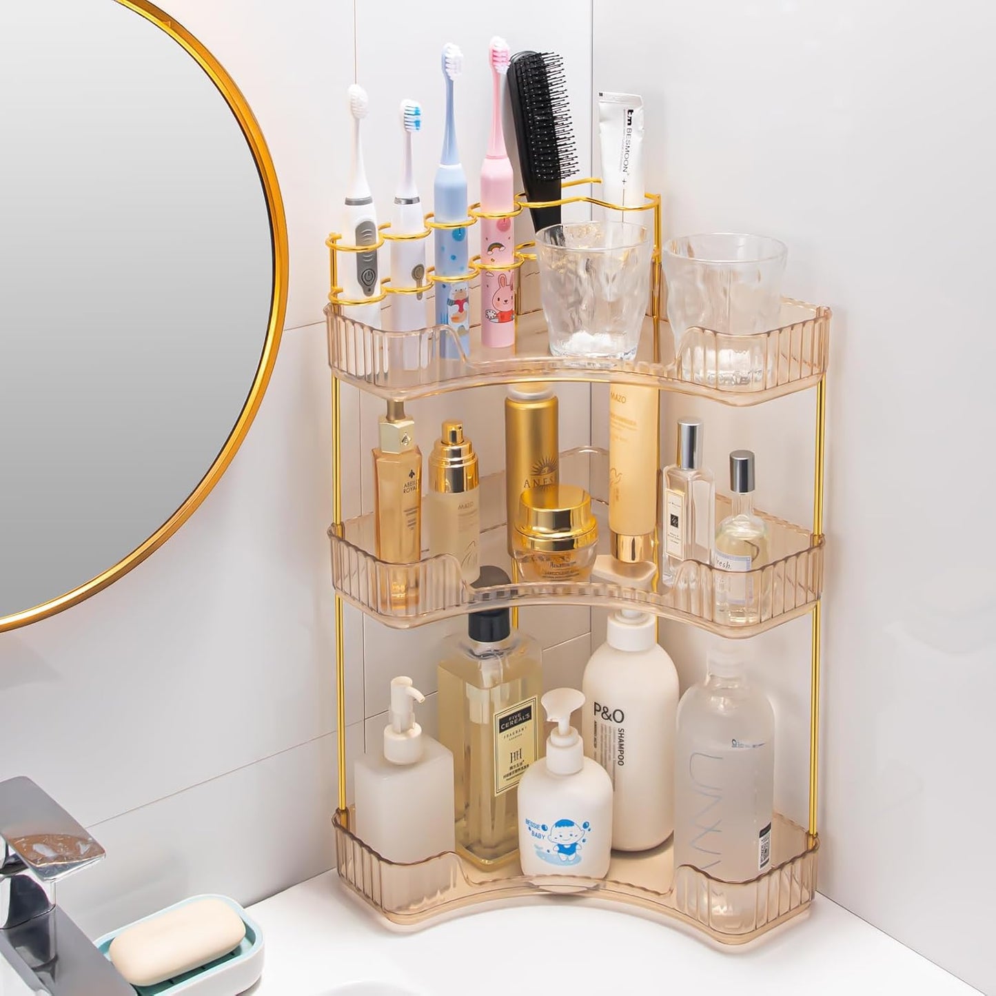 Upgraded 3-Tier Corner Bathroom Countertop Organizer – Spacious Storage for Makeup, Skincare & Perfumes, Built-in Brush Holder Fits Vanity/Dresser/Bsthtub (Vintage Gold)