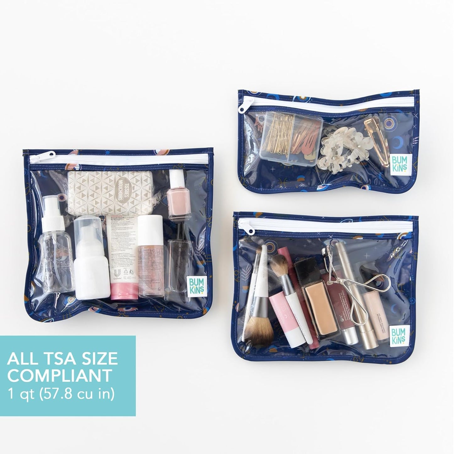 Bumkins Travel Bag, Toiletry, TSA Approved Pouch, Zip Bag, Quart Size Airline Compliant, Clear-Sided, Baby, Diaper Bag Organization, Makeup, Accessories, Carry On Packing, Set of 3 Sizes, Evil Eye