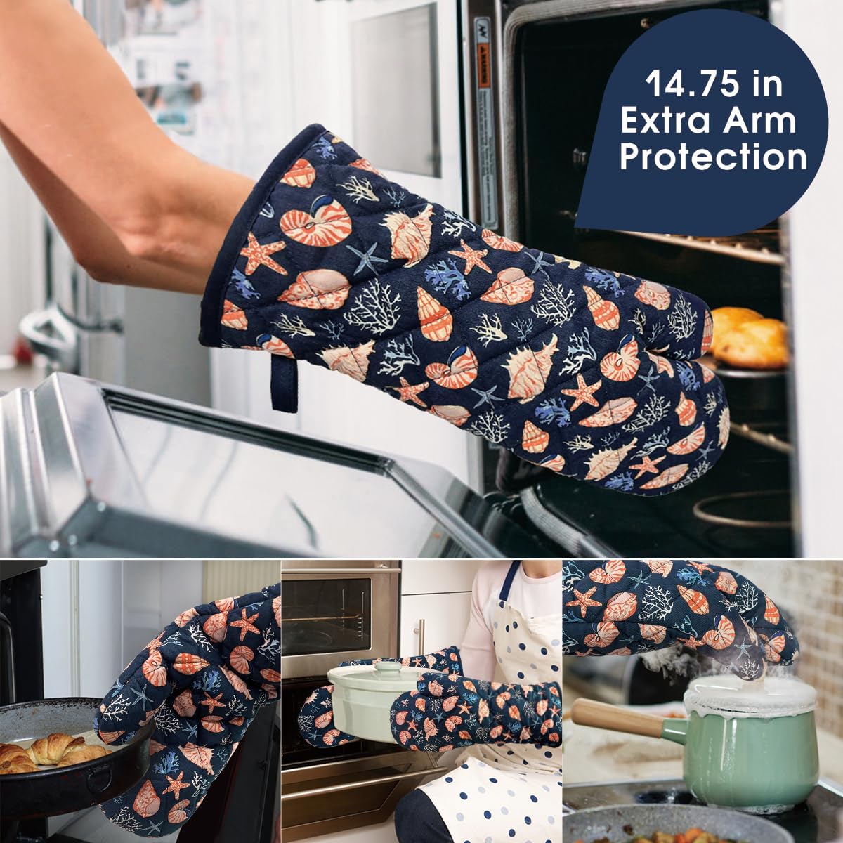 Oven Mitts Cotton Fashion Cute Cowry Design 1pair Heat Resistant Oven Gloves Safe Cooking Baking Grilling Barbecue Machine Washable Pot Holders (Cowry)