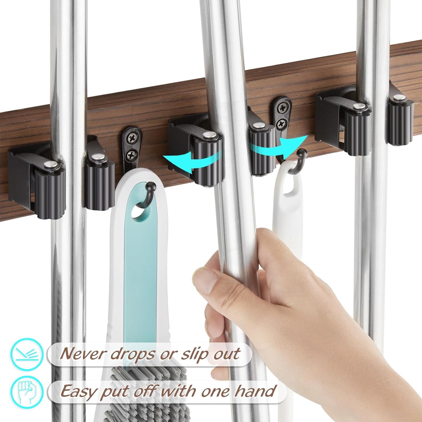 Mop and Broom Holder Wall Mount - Wood Broom Mop Hanger - Wall Mounted Garden Tool Rack Organizer for Closet Garage Laundry Room for Rustic Kitchen Decor With 5 Slots & 4 Hooks