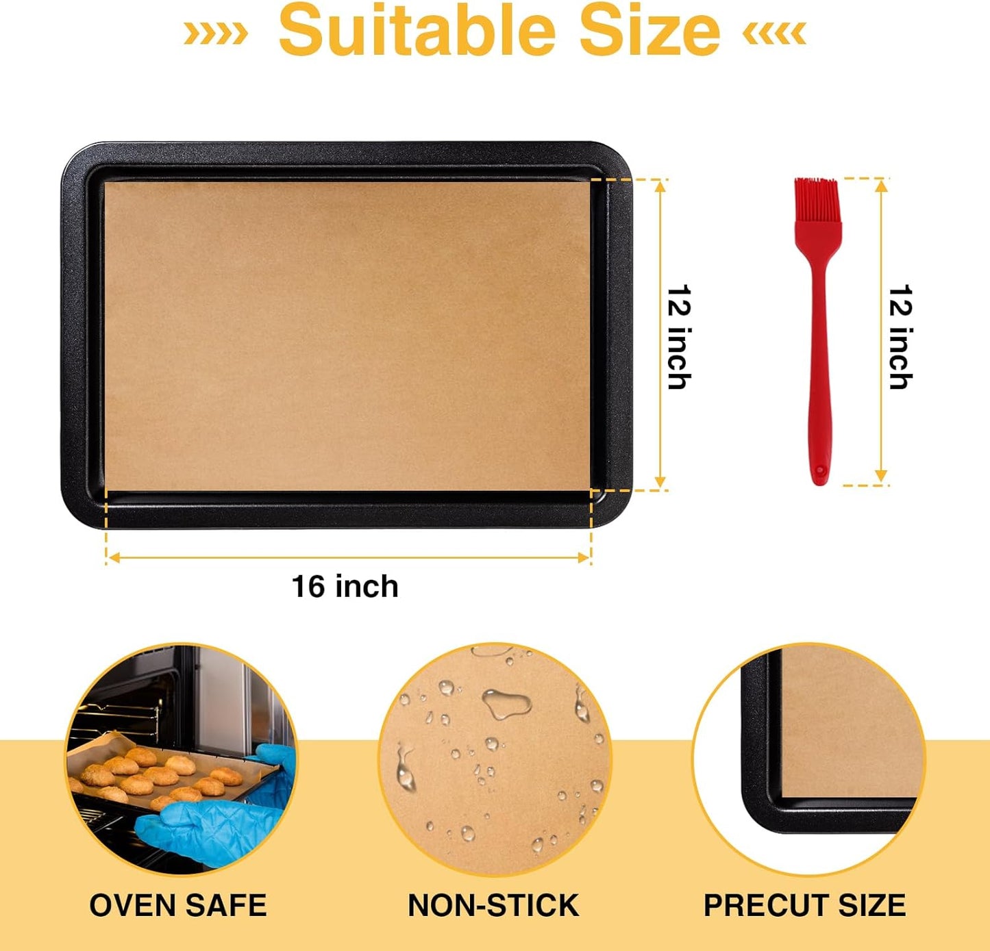 300 PCS Parchment Paper Sheets - OAMCEG 12x16 Inch No Chemical Non-Stick Unbleached Pre-Cut Parchment Paper with a Silicone Brush, for Baking Grilling Air Fryer Steaming Bread Cup Cake Cookie