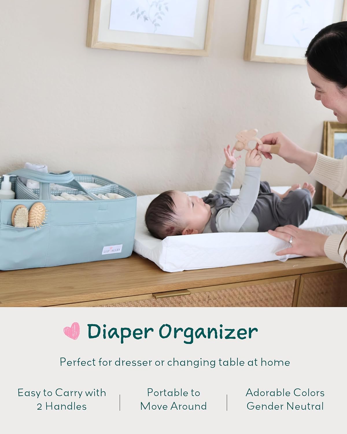 Lily Miles Baby Diaper Caddy Organizer, Wipeable Diaper Organizer Basket with 8 Pockets for Newborn Essentials, Nursery Tote Bag for Changing Table & Car Organization (Willow Green, Large)
