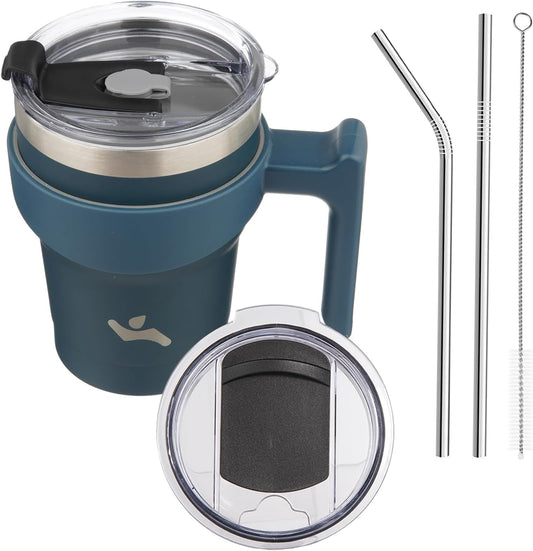 10 oz Tumbler with Handle and 2 Straw 2 Lid, Insulated Water Bottle Stainless Steel Vacuum Cup Reusable Travel Mug, Navy Blue