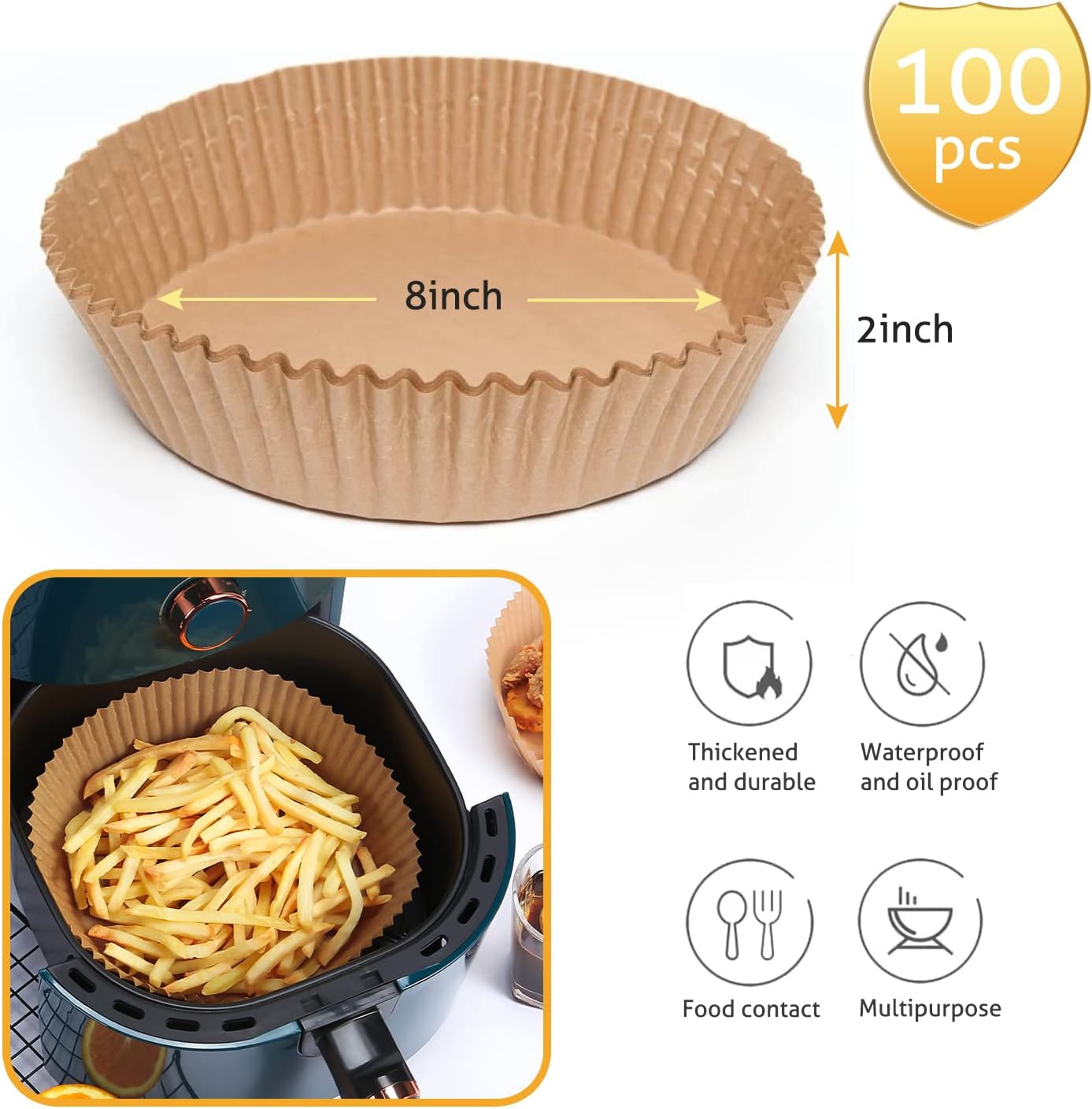 Ailun Air Fryer Paper Liners 8inch, 100PCS Non-Stick Parchment Paper,Oil Resistant,Disposable Food Grade Free of Bleach Paper Round for 5-8 QT Air Fryer Baking Roasting Microwave