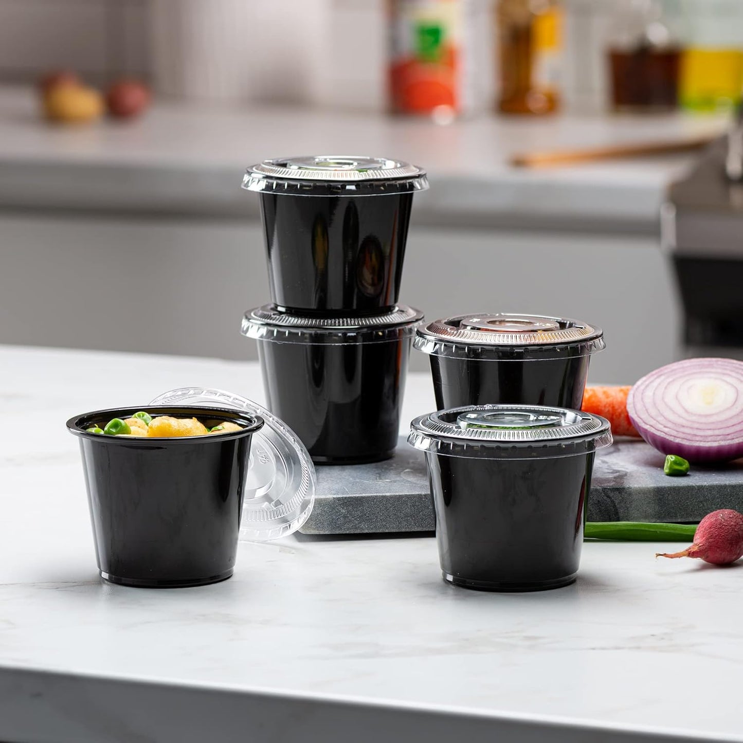 (4 oz - 100 Sets) Black Diposable Plastic Portion Cups With Lids, Small Mini Containers For Portion Controll, Jello Shots, Meal Prep, Sauce Cups, Condiments, Medicine, Dressings,