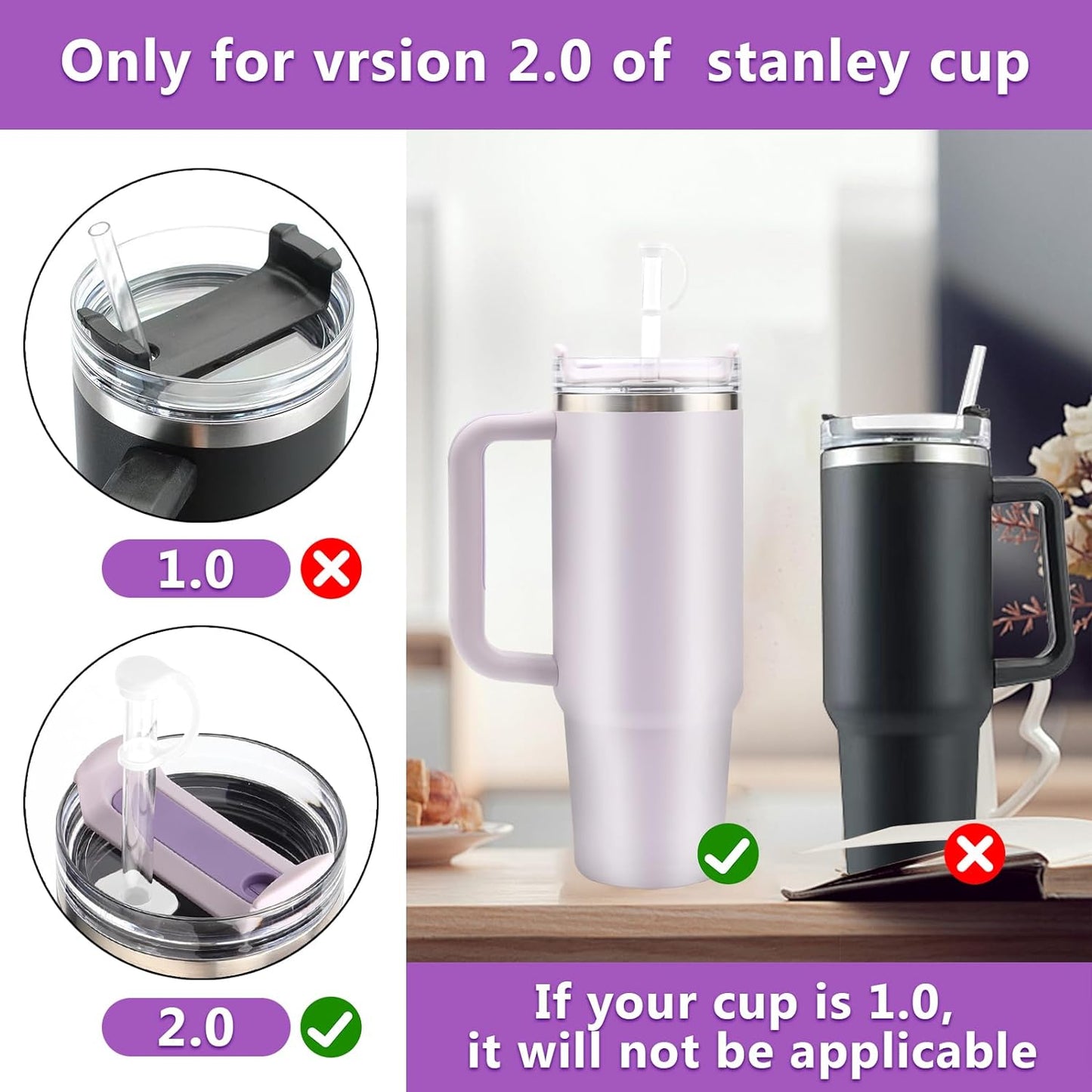 2Sets Silicone Spill Proof Stopper for Stanley 40/30 oz Quencher H2.0 Tumbler with Handle for Stanley Cup Accessories Including 2 Straw Cover Cap, 2 Round Leak Stopper 2 Square Spill Stoppers