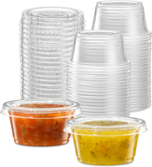 (2 oz - 100 Sets) Clear Diposable Plastic Portion Cups With Lids, Small Mini Containers For Portion Controll, Jello Shots, Meal Prep, Sauce Cups, Slime, Condiments, Medicine, Dressings, Crafts,