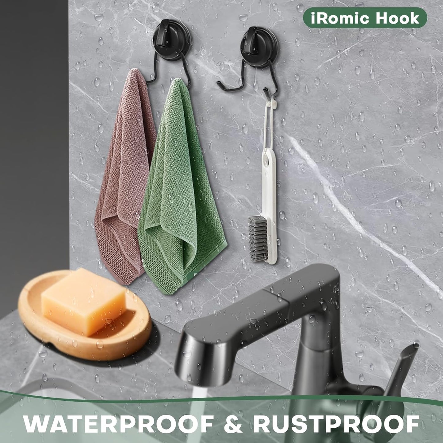 Stainless Still Suction Cup Hooks for Shower, Bathroom, Kitchen, Glass Door, Mirror, Tile – Loofah, Towel, Coat, Bath Robe Hook Holder,(2-PCS), Matte Black