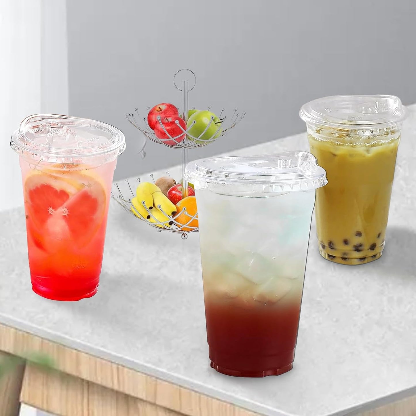 TashiBox 16oz100 Sets Clear Plastic Cups With Strawless Sip Through Lids,Clear Crystal disposable plastic cups,smoothie cups