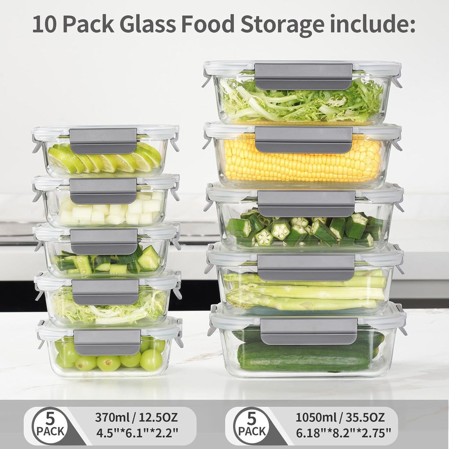 10 Pack Glass Meal Prep Containers with Lids - Airtight, Leak-proof, Bpa-free, Microwave, Oven, Freezer & Dishwasher Safe