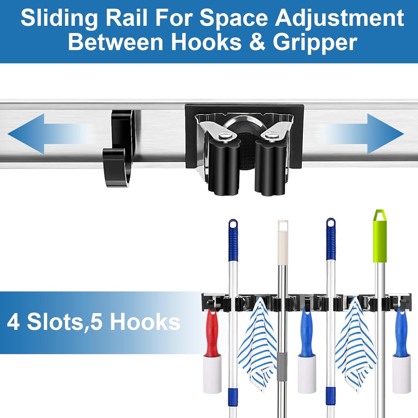 Mop and Broom Holder Wall Mount Metal Heavy Duty Utility Hooks Broom Organizer Garage Storage Systems Tool Racks for Home Laundry Garden Kitchen Organization (Black, 1 Pack 4R5H)