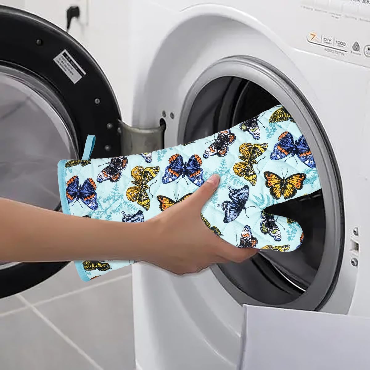 Oven Mitts Cotton Fashion Cute Butterfly Design 1pair Heat Resistant Oven Gloves Safe Cooking Baking Grilling Barbecue Machine Washable Pot Holders (Butterfly)