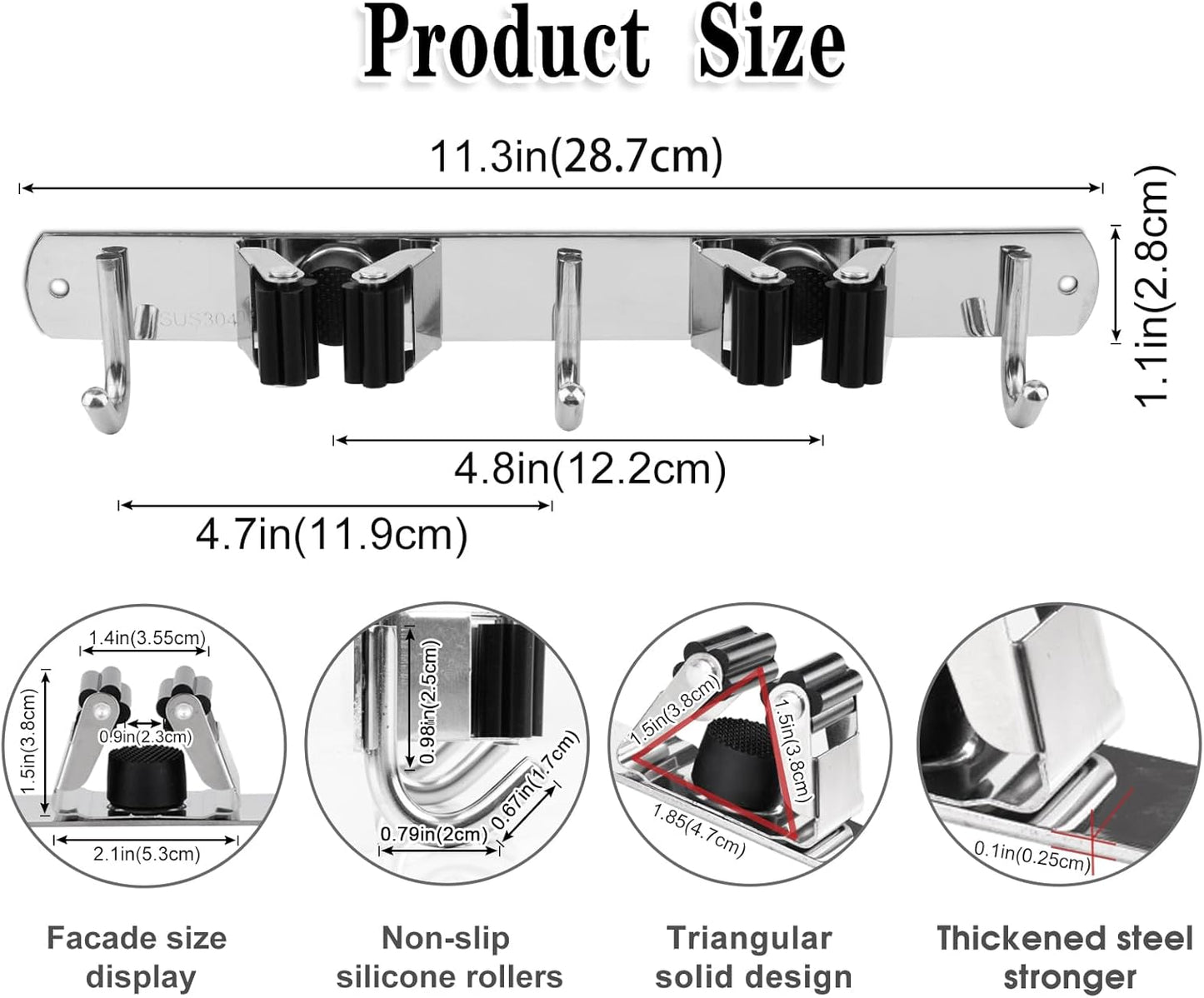 2 Racks and 3 Hooks Broom and Mop Holder Wall Mounted Garage Organizer Storage Tool Racks Stainless Steel Heavy Duty Hooks Self Adhesive Solid Non-slip Wall Hangers for Home Kitchen Garden Laundry