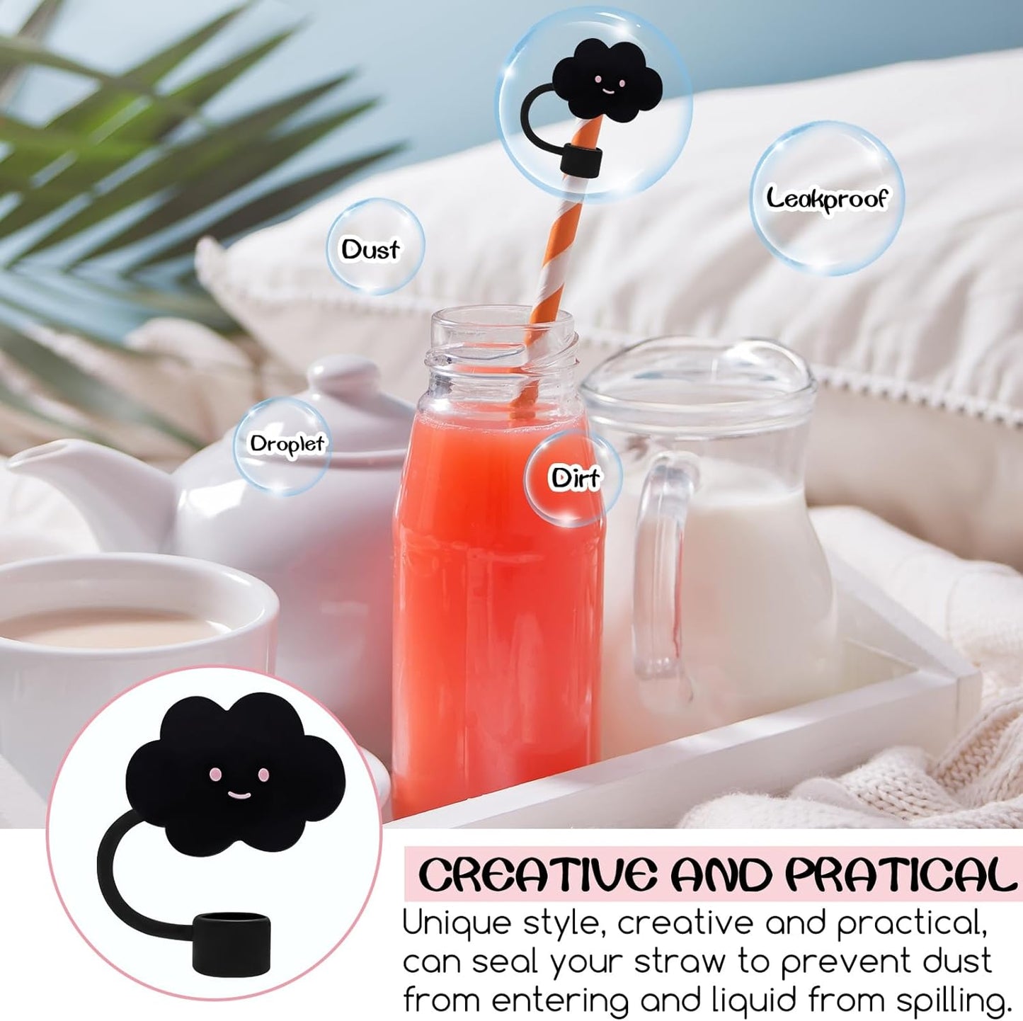 Black Straw Covers Cap for Stanley Cup, 8 Pcs Straw Toppers for Stanley 30&40 Oz Tumbler, Cute Straw Caps Reusable Straw Tips Protectors for 0.4 Inch/10 mm Stanley Cup Accessories