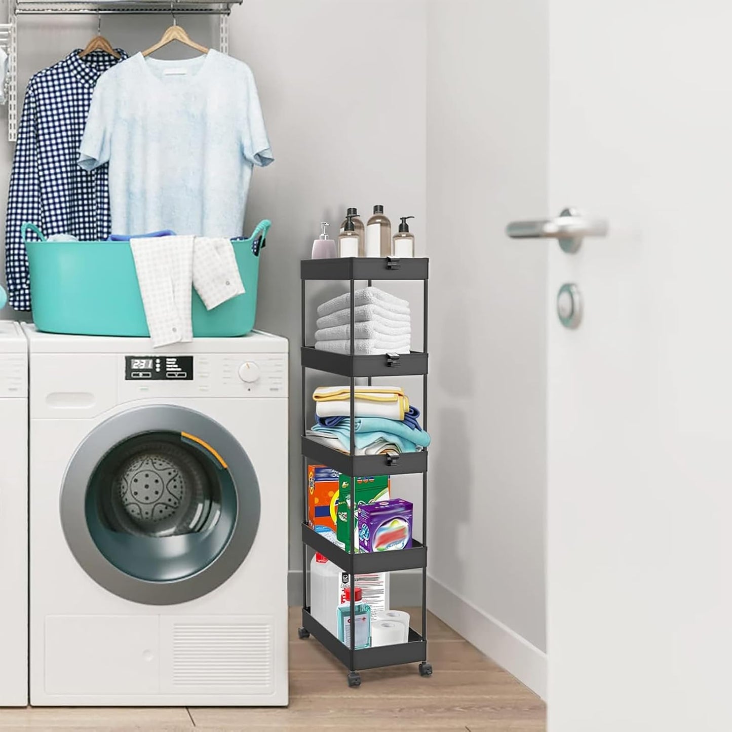 SPACEKEEPER 5-Tier Rolling Cart, Bathroom Storage Organizer Utility Cart, Mobile Shelving Unit Slide Out Shelves for Kitchen Living Room Laundry Room & Dressers, Black