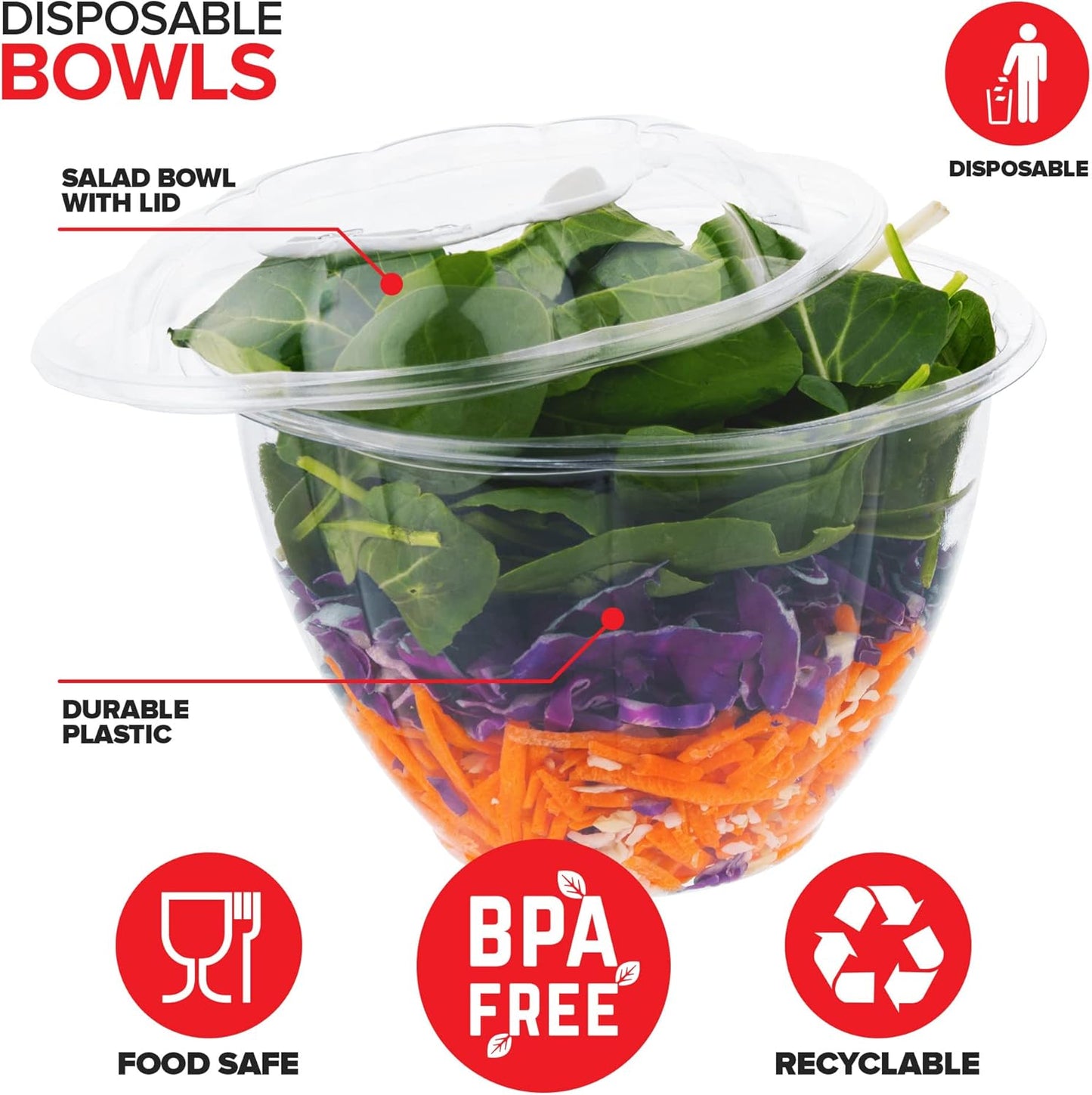 Stock Your Home Plastic Bowls with Lids (50 Count) 48 Oz. Disposable To-Go Containers – Large Airtight Bowls for Dinner or On-the-Go Meals